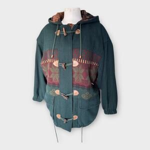 Vintage Fitz-Wright Hooded Wool DuffleTapestry Coat Green Boho Preppy Womens M